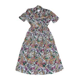 Vintage 80s Pleated Paisley Midi Dress Cottagecore Secretary USA 12 Lady Carol